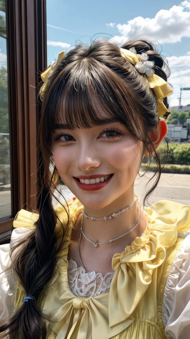 (realistic, photo-realistic:1.2), (masterpiece, best quality), high resolution photograph, extremely detailed, intricate details, sharp details, sharp focus, professional lighting, solo, 1girl, a Japanese female idol, (princess dress, frilly yellow dress, puff sleeves, yellow ribbon), (dark hair, shiny hair, pigtails hair, straight hair, blunt bangs, hair scrunchie:1.2), (beautiful detailed face, extremely detailed eyes, beautiful detailed nose, beautiful pupils), (cheerful grin), pale skin, fine-textured skin, (choker, jewelry), posing for gravure photography, dynamic pose with movement, photo background, indoors, outdoors, blue sky and clouds,,,