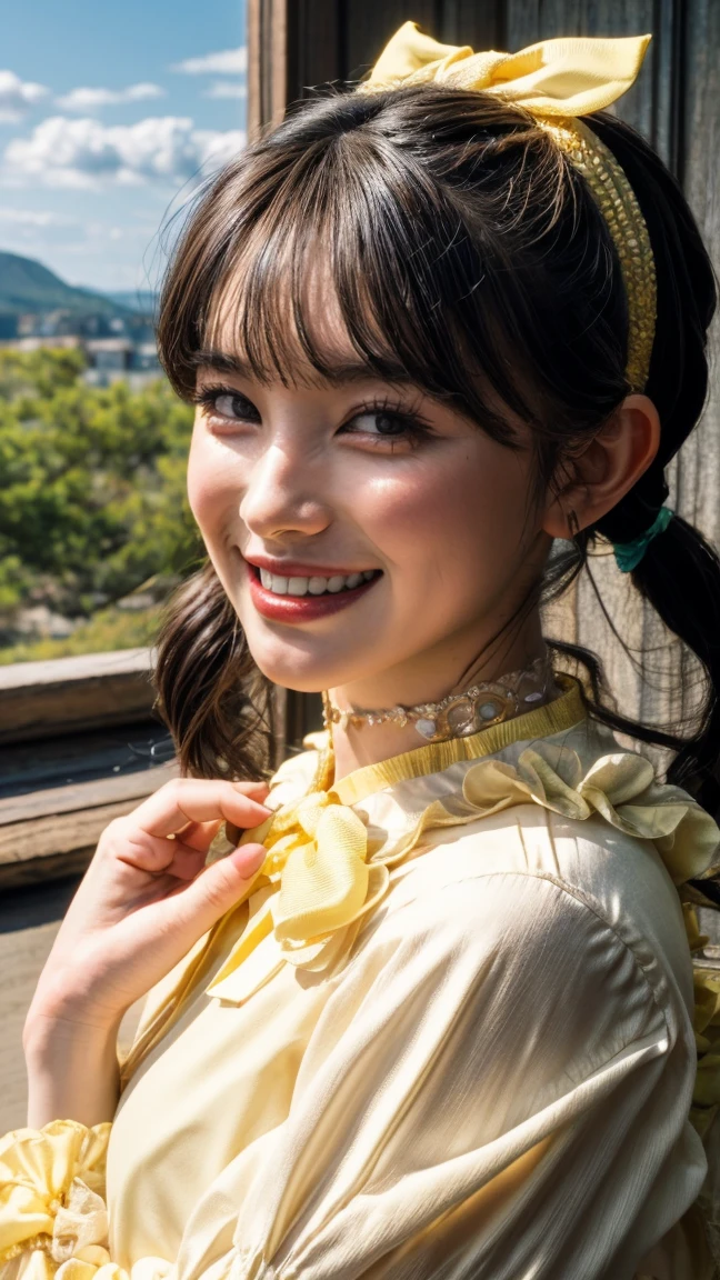 (realistic, photo-realistic:1.2), (masterpiece, best quality), high resolution photograph, extremely detailed, intricate details, sharp details, sharp focus, professional lighting, solo, 1girl, a Japanese female idol, (princess dress, frilly yellow dress, puff sleeves, yellow ribbon), (dark hair, shiny hair, pigtails hair, straight hair, blunt bangs, hair scrunchie:1.2), (beautiful detailed face, extremely detailed eyes, beautiful detailed nose, beautiful pupils), (cheerful grin), pale skin, fine-textured skin, (choker, jewelry), posing for gravure photography, dynamic pose with movement, photo background, indoors, outdoors, blue sky and clouds,,,