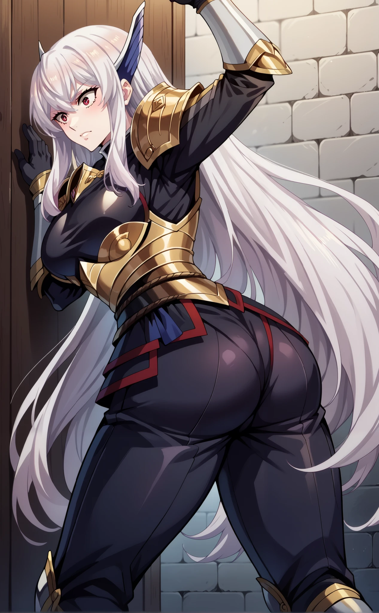 score_9, score_8_up, score_7_up, source_anime, 4K,perfect fingers,(perfect hands, perfect anatomy),
1girl,solo,kyoukauzen, kyouka uzen, long hair, red eyes, very long hair, white hair, large breasts,, 
wearing ((armor, knight)),,
glory_wall,stuck,ass,