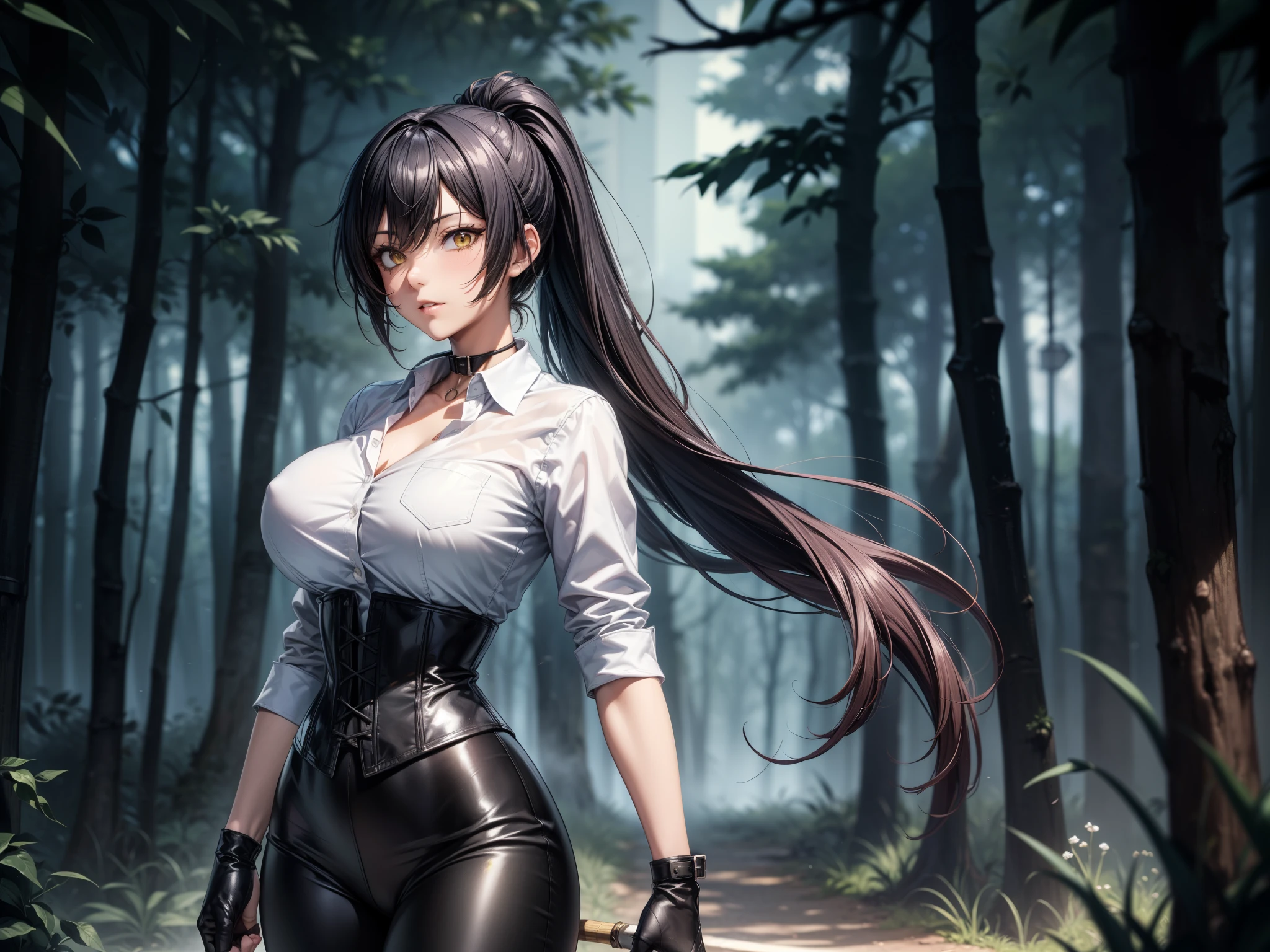 (Yaedef :1.4), 8K, highres, ultra detailed , ( Masterpiece:1.4), better quality, Sakuya Shirase, symmetrical body, sensual lips, beautiful, Alone, standing, fighting pose, He holds a spear in his hand, Seen from behind , culo perfecto, looking at the spectator , shy look, long ponytail black hair, detailed face , beautiful eyes, amber yellow eyes, ( white collar shirt :1.4), long black gloves , (black leather corset, ( shiny black leggings), dark path , dark forest at night , atmosphere, fog, fog, angled view, perfect breasts , big breasts, badass anime girl , bright clothes, darkness