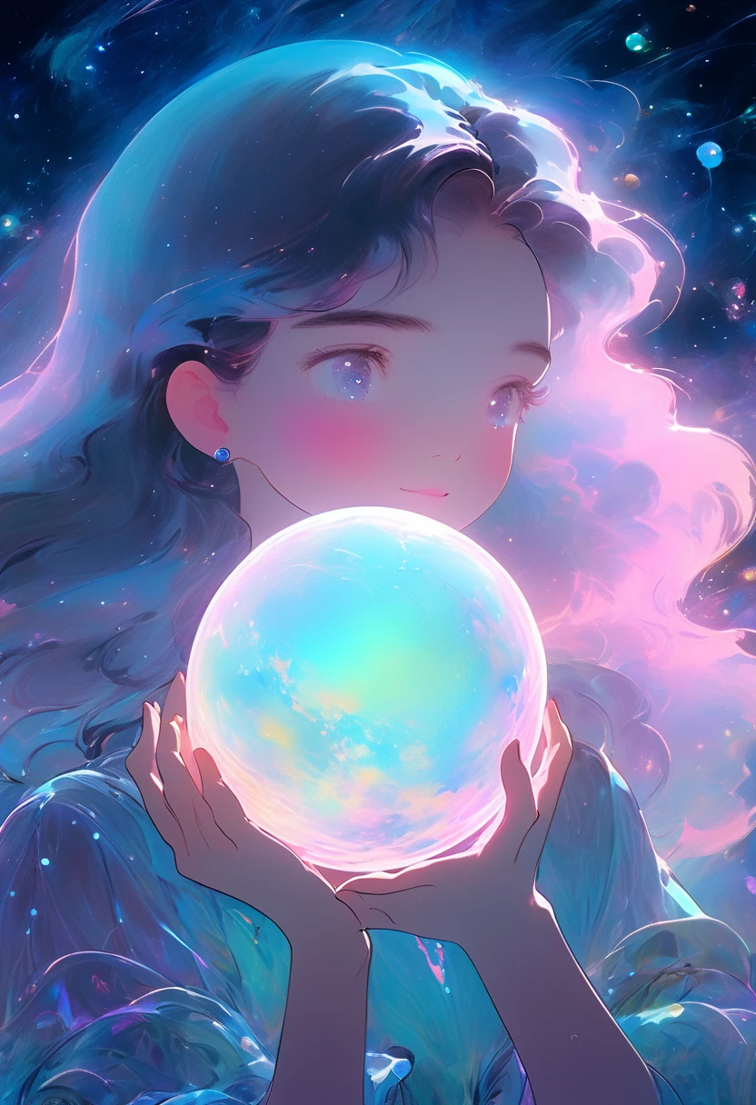 A girl holding a planet in her arms，close up，Glowing fluorescent feeling，Transparency，dream，Monet's color scheme，Texture Matte，high quality，High Definition，Rose red，blue，Neon light，Space Background