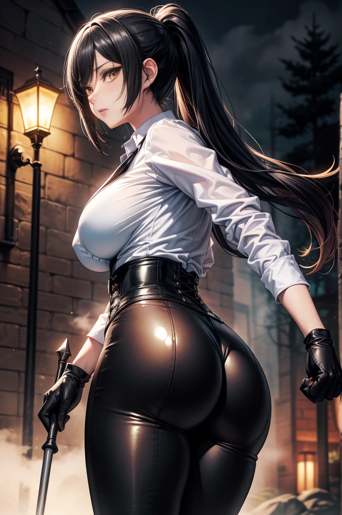 Masterpiece, Best Quality, (perfect anatomy,realist:1.3,from behind, big ass, facial focus,(without looking at the viewer:1.2),  (1 girl in:1), 1 woman, (big breasts:1.2), sexy body, thin waist, Attractive front curves, round and soft chest, disgusted face,  (black fur:1.6, Waist length hair), evening, Heavy Rain, exterior, City, crop top, (White long sleeve collar shirt:1.4), (leather　corset　negro), (ripped shiny black leggings), blood stains, Dark alley, blood splattered on the floor, bright red light, bright Eyes, depth of field, holding a sword, night sky, Atmosphere, perfect hands