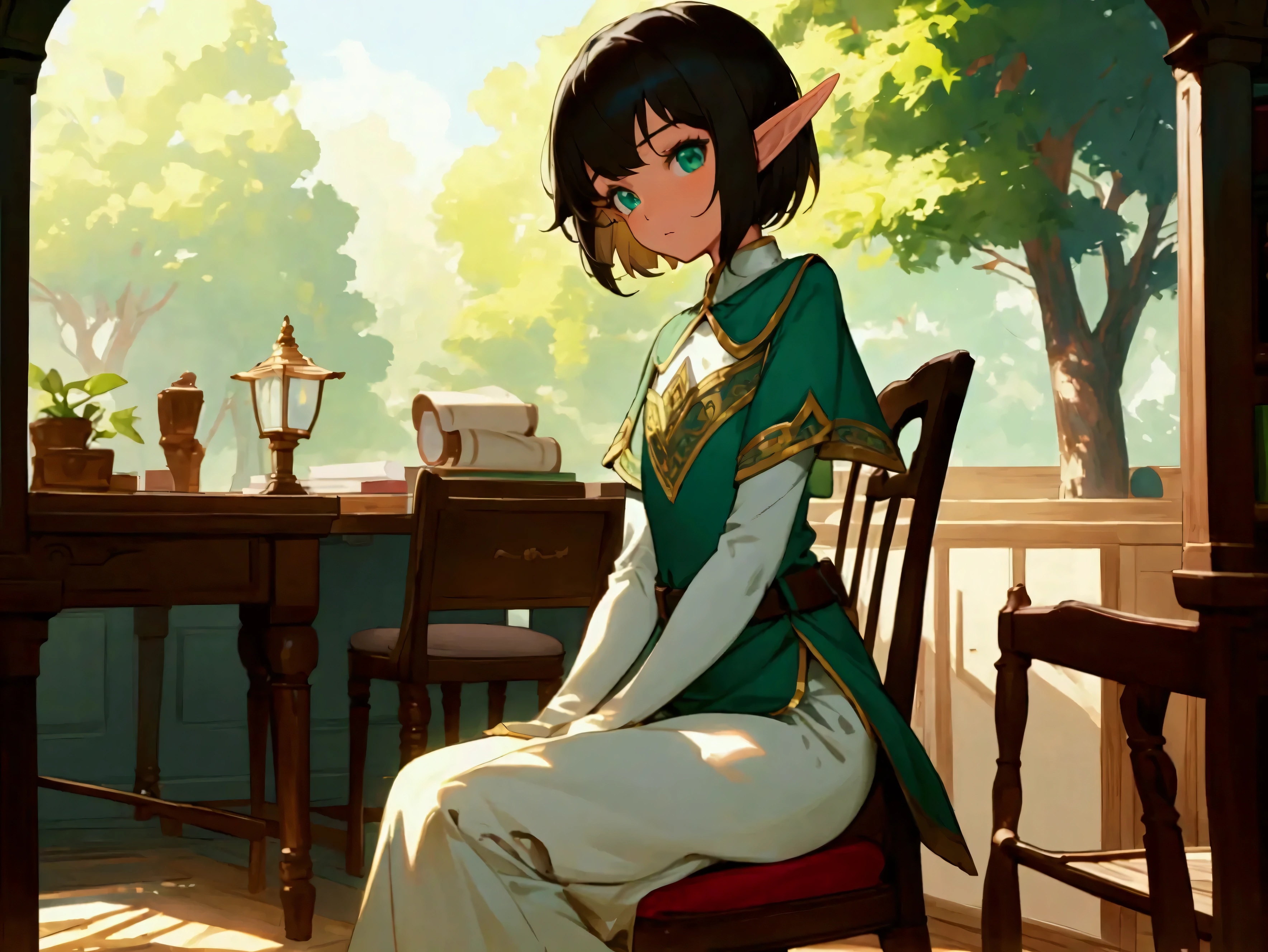 Elf Girl, body small,Short hair,Dark hair,Green eyes,clever,tidy,Sit on a chair,In the library,High resolution,Beautiful eyes,Sunlight,The wind blows