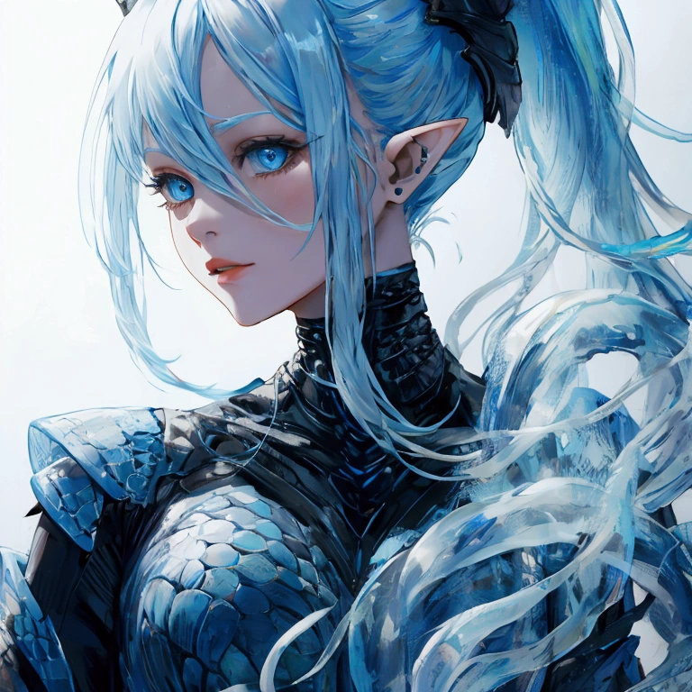 1 person: woman,alien, light blue hair tied in a ponytail that transforms made of scales. Blue eyes, pointy ears, long nails. 