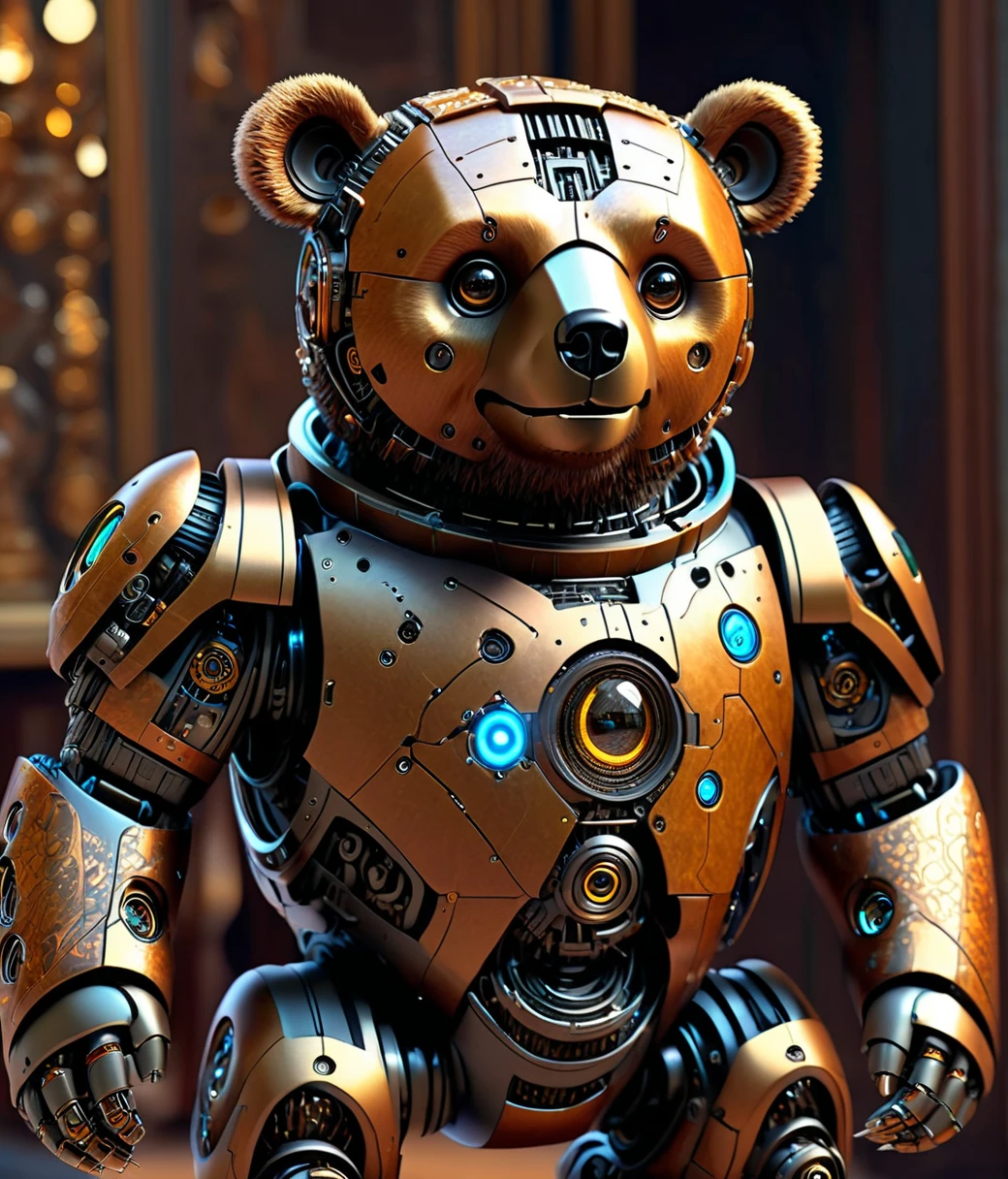 (cute, chubby, male, bear), DonMCyb3rN3cr0XL cyborg, adorable, magical, fantasy, hires textures, highly detailed, intricate details, best quality, masterpiece