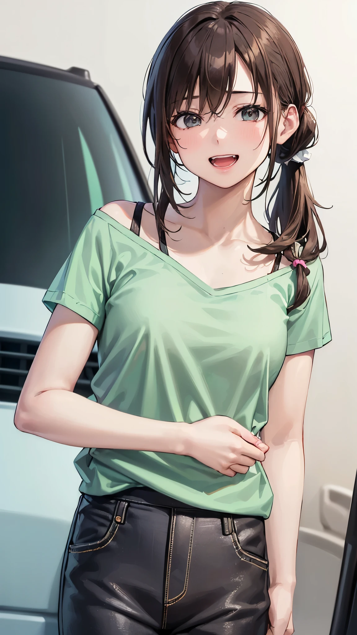 ( top quality 、8k、32K、masterpiece)、( realistic )、( Photo realistic :1.2)、( kampala )、 super detailed 、 very cute face and eyes 、Frame In、 1 girl、 Round and small face、 thin waist 、Delicate body、(close、 top quality 、 high detail、 rich skin details )、( top quality 、8k、Oil paints:1.2)、 super detailed 、( realistic 、 realistic :1.37)、 bright color、((( Brown Hair )))、((( cowboy shot )))、((( side ponytail hair )))、((( white wall background )))、((( 薄 Brown Hair )))、((( Scrunchie )))、((( side ponytail hair )))、((( mint green t-shirt)))、((( clothes with English written on the chest )))、((( touching my shoulder )))、((( medium hair )))、(((Both eyes are closed)))、(((Frame In)))、((( white skin)))、((Teeth are visible))、(((bangs)))、((( I'm wearing black cargo pants )))、(((Frame In)))、(((Solo Shot)))、((( laughing in front of the car )))、((( mint green t-shirt )))、