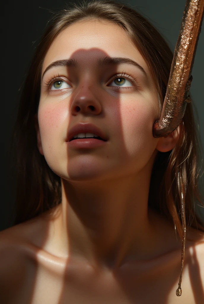 A beautiful juvenile Italian girl kneeling in front of the viewer ,  huge shadow of a penis on her face ,  she looks up at the penis in awe,  detailed facial features , photorealistic,  copper pipes , high quality, 8K, hyper detailed,  masterpiece.