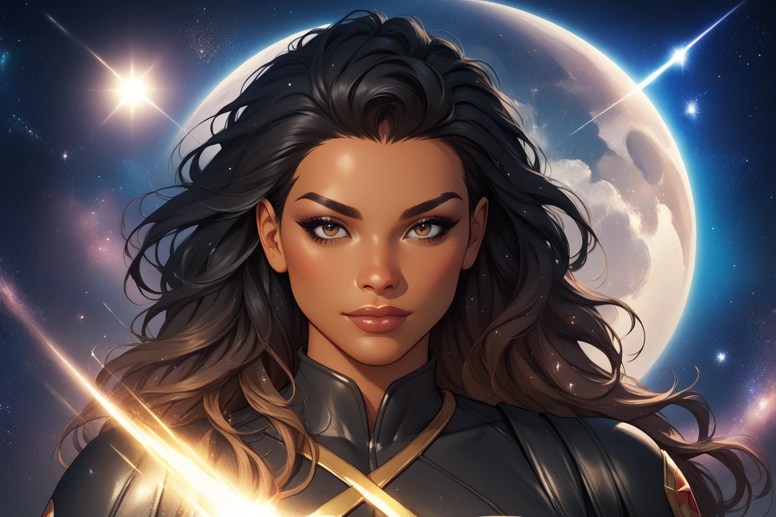 score_9, score_8_up, score_7_up, masterpiece, high quality, BREAK
Latina with light brown skin, long black hair, black jumpsuit black sun symbol, galaxy 