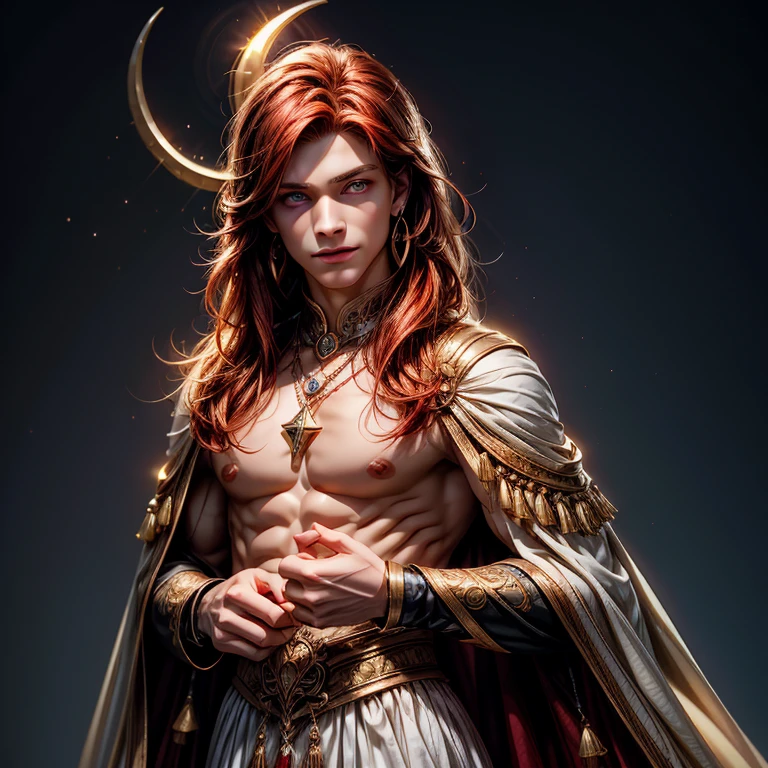 (hyper-realistic digital illustration), (perfect face:1.1), (high detail:1.1) like a renaissance sculpture, extremely handsome male, (naked body), wearing micro black tiny g-string, mage long red robes, clean shaved, front view, lying on his back, holding legs raised, athletic body, (white skin), bare chest, flat chest,(long orange hair scruffy ), serene expression, small waist, muscular. best quality, high-resolution