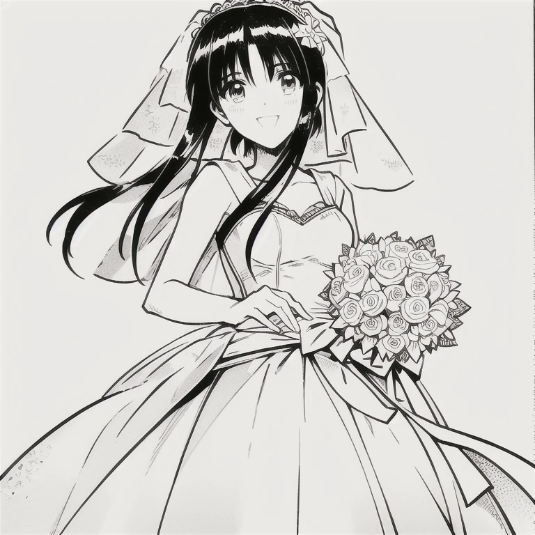 ((((image in the artistic style of mangaka Nobuhiro Watsuki)))), Close-up body, 1girl, HD,1girl, sola,(((((girl wearing  PERFECT LOLITA WEDDING DRESS)))), (((perfect slim body))), (((perfect slender body))), narrow waist, (((black long-hair))), (beautiful eyes), (((BRIDE pose))), white background, ((perfect hands)), high quality face, high quality eyes, close mouth, unique angle, smile, score_9,score_8_up,score_7_up,  monochromatic,