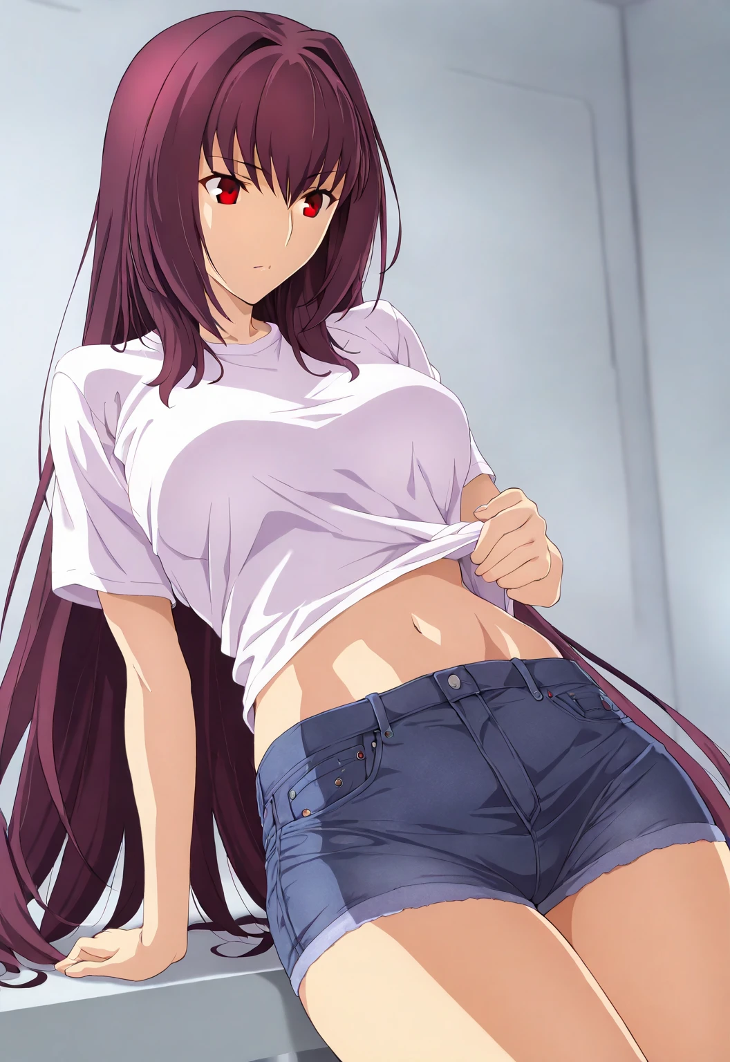 1girl, solo, masterpiece, best quality,
<lora:kyouko-madomagi-01:0.6>,
mahou shoujo madoka magica, sakura kyouko, kyouko sakura, red eyes, tsurime, red hair, long hair, ponytail, hair bow, black bow, camisole, (green camisole:1.2), crop top, bare arms, small breasts, shorts, denim shorts, thighhighs, skindentation, no shoes,
all fours, looking at viewer, from behind, looking back, ass, on bed,
blush, smile, parted lips, profile,
,
indoors, bed sheet, lamp