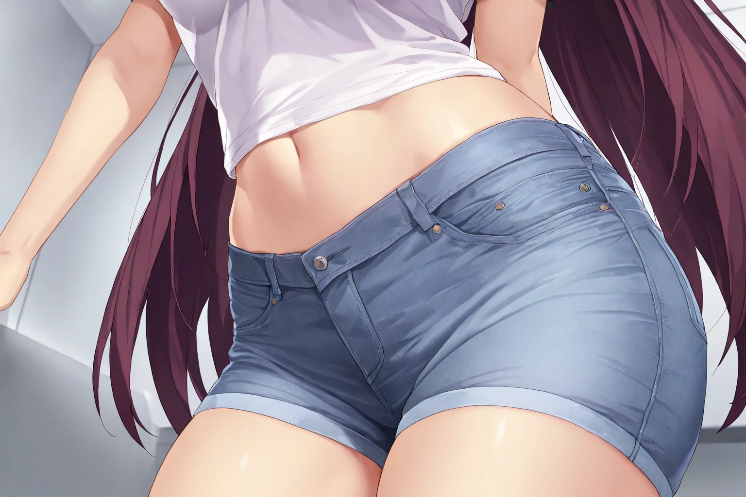 High resolution, woman , good lighting, despicable, , (), (((micro jean shorts))), ((white sports bra)), (((leather thigh high boots))), (I can see your panties), abdomen only, (wet shorts), , cute face, I', ((look up from directly below)),glasses,((white fluid in vagina)),((I can see the vagina))