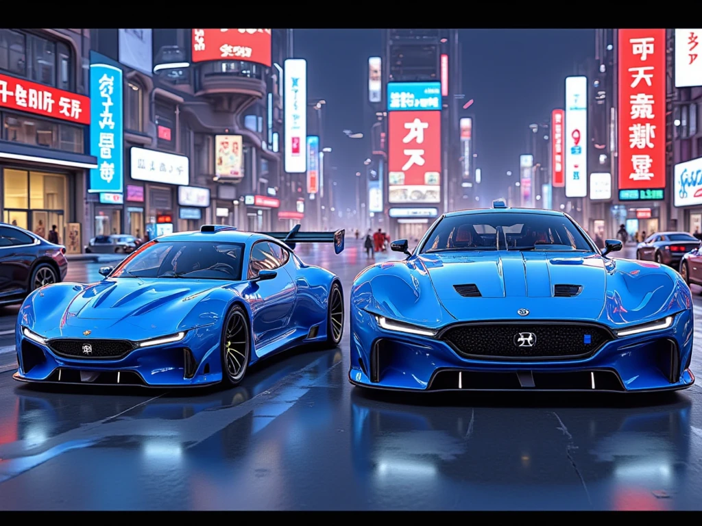 cyberpunk、masterpiece、 anatomically correct on white grass、 top quality 、 high detail、Neon Buildings、 Fairlady Zs30 、Blue Devil's Z 、 Custom 、 Wide Wheels 、Lowdown 、 detailed blister fenders、 Full Smoke 、 side angle、Right beside、Full car view 、The number is only 1、 show buildings and machines only 、