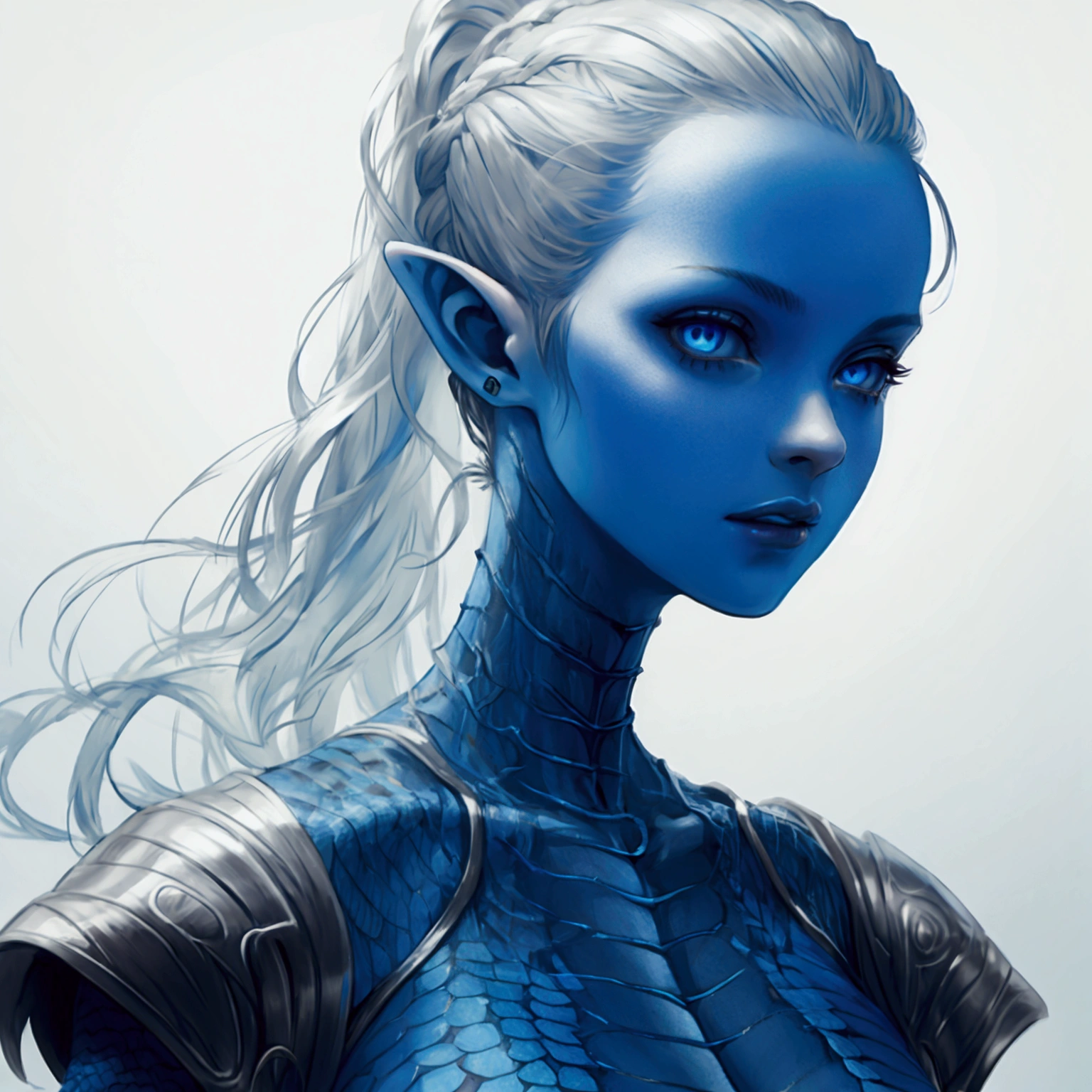 1 person: woman,alien, light grey skin, light blue hair tied in a ponytail that transforms made of scales. Blue eyes, pointy ears, long nails. 