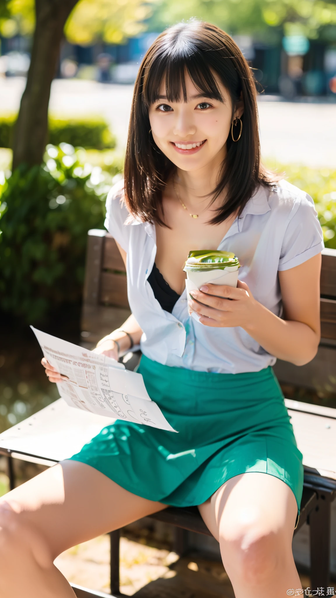 (((Hold a paper coffee cup:1.3))),(((spread your legs:1.4))),(((Wearing a skirt:1.2))),Around town,Outdoor,bench,(Wearing a shirt),A female college student, cleavage, looking at camera,smile, 22 years old, shorter hair、bangs、 cute earrings,Bright sunlight, top quality ,4K, real,live-action, Perfect Body , detailed skin, best shot