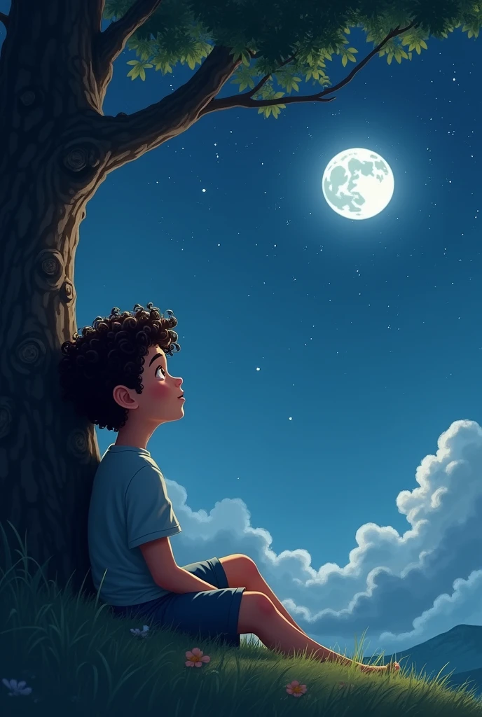 Show a child (boy) outside, sitting under the oak tree at night, looking up at the moon. The moonlight bathes him in a soft glow, and he has a gentle smile on his face, feeling his friend's presence. Make this a children's book art style. The lighting must be soft. Similar to a watercolor style painting.