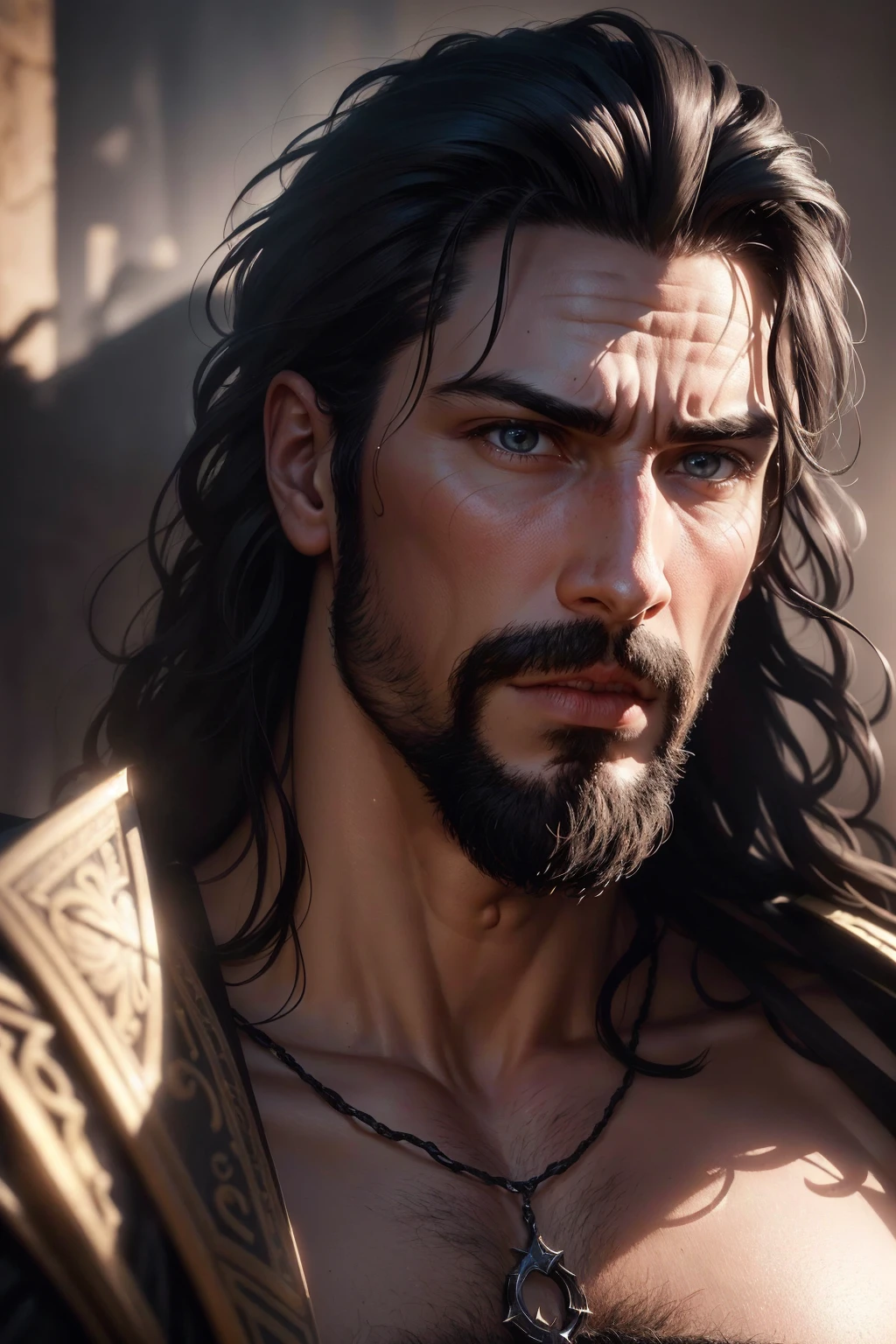 a 45 year old man,black hair,elmo,prince of troy,hector of troy,(best quality,4k,8k,highres,masterpiece:1.2),ultra-detailed,(realistic,photorealistic,photo-realistic:1.37),hyperrealistic,cinematic lighting,extremely detailed face and body,dramatic pose,epic scale,dramatic lighting,dark moody colors,chiaroscuro lighting,dramatic shadows