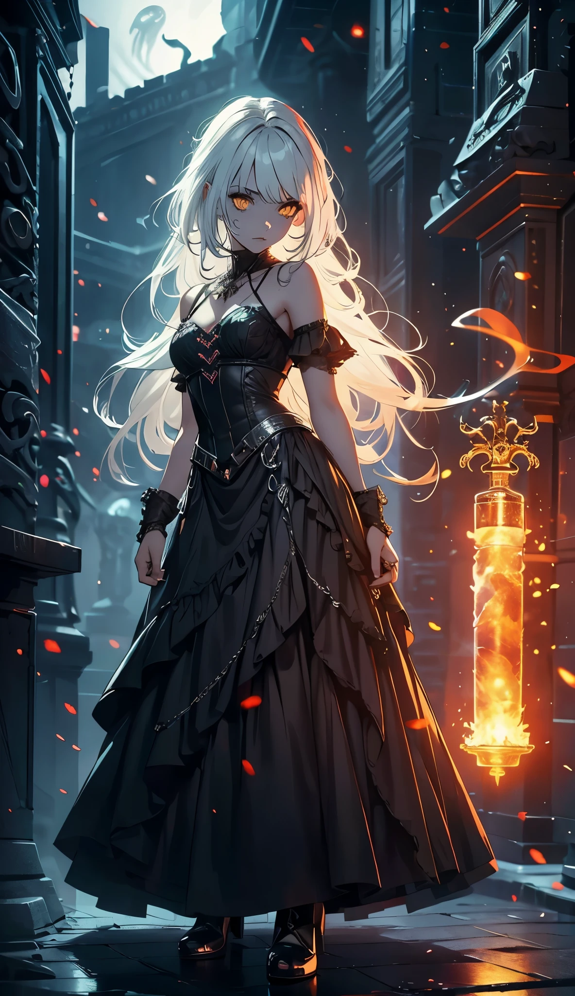 1girl, yelow eyes, white long smoke hair, (((female necromancer))),  a necromancer gilr, sinister smoking necromancer dress, gothic necromancer, superioridade, olhar frisado de despreso, decote, background escuro, full body, masterpiece, best quality, Necromancer gilr, corpo inteiro, very sinister ambient