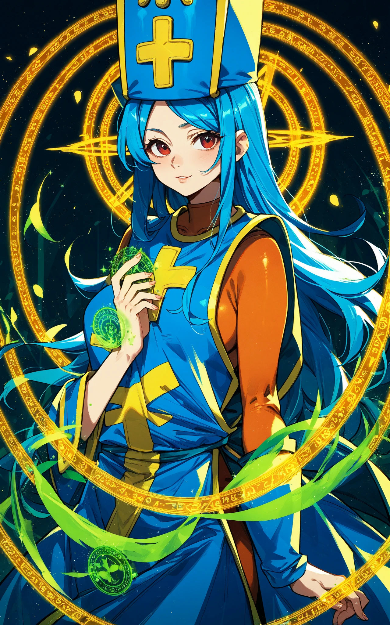 1girl,solo,priest(dq3),blue hair,red eyes,
bodysuit,orange bodysuit,tabard,mitre,magic,green magic circle,emerald,, score_9,score_8_up,score_7_up,score_6_up,score_5_up,score_4_up,