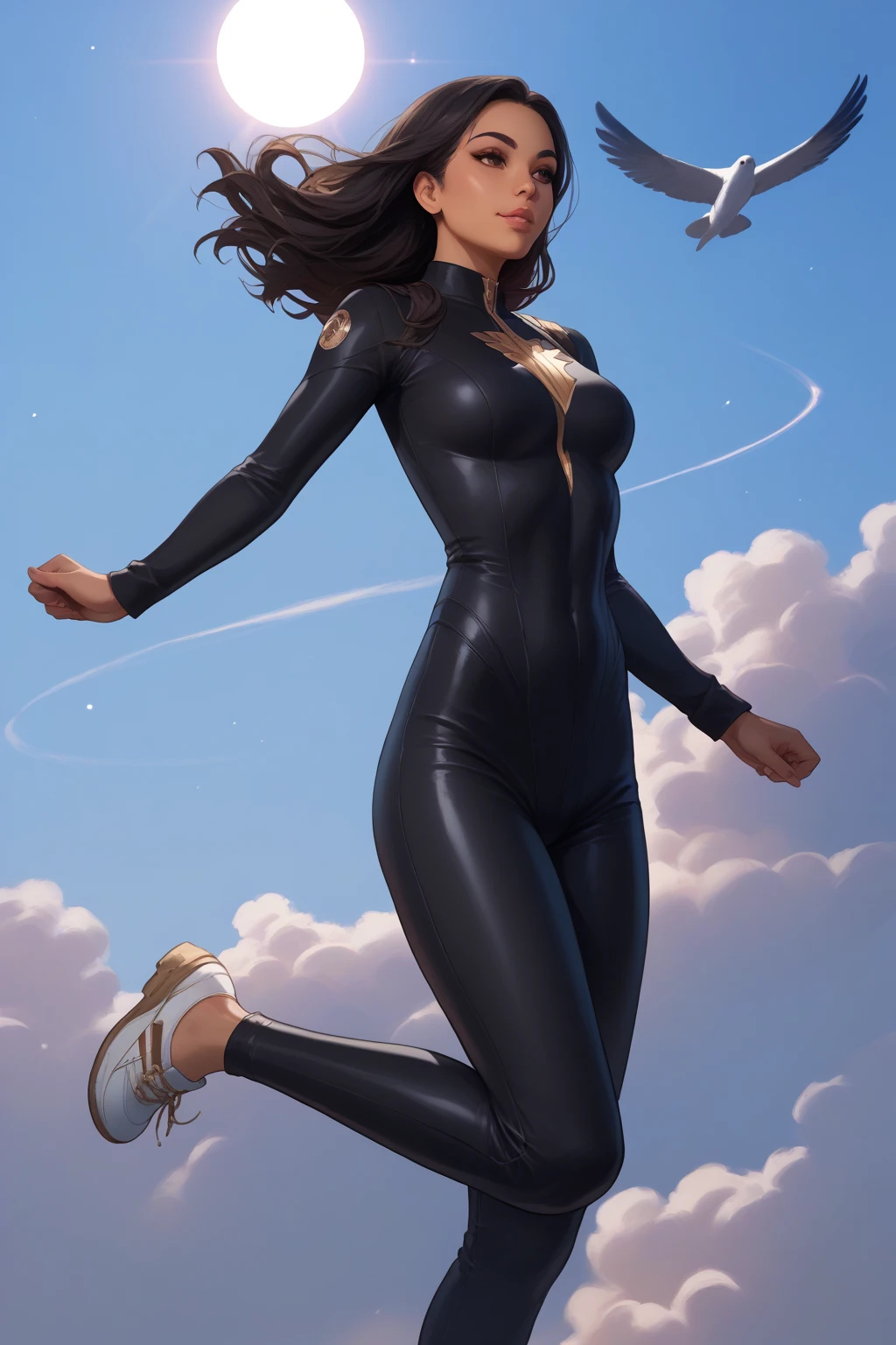 score_9, score_8_up, score_7_up, masterpiece, high quality, BREAK
Latina with light brown skin, long black hair, black jumpsuit black sun symbol, galaxy flying