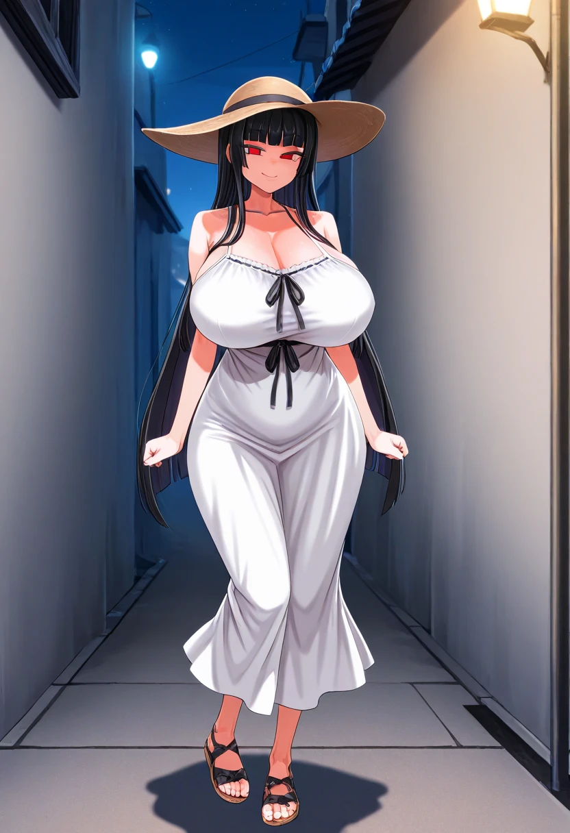 ((1 girl)), solo, ((tall girl)), ((Eight Feet Tall)), Hasshakusama, black hair, long hair, hime cut, red eyes, Round eyes, half-closed eyes, tareme, longeyelashes, mole under left eye, smile, asanagi, ((huge breasts)), wide-brimmed hat, ((white summer dress)), sexy body, good quality, (masterpiece), dark_fantasy, night,street lamp, alley, street,