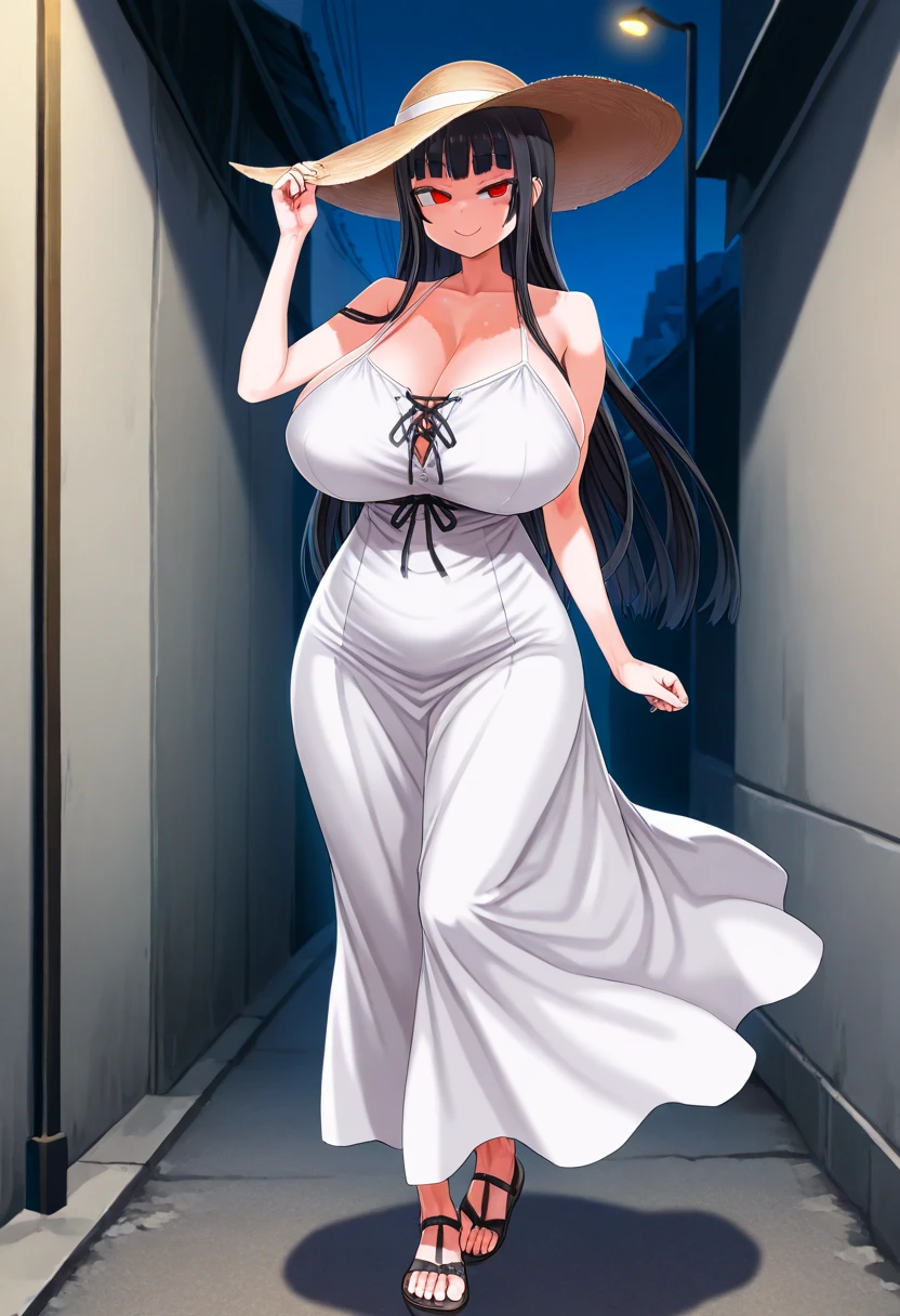 ((1 girl)), solo, ((tall girl)), ((Eight Feet Tall)), Hasshakusama, black hair, long hair, hime cut, red eyes, Round eyes, half-closed eyes, tareme, longeyelashes, mole under left eye, smile, asanagi, ((huge breasts)), wide-brimmed hat, ((white summer dress)), sexy body, good quality, (masterpiece), dark_fantasy, night,street lamp, alley, street,