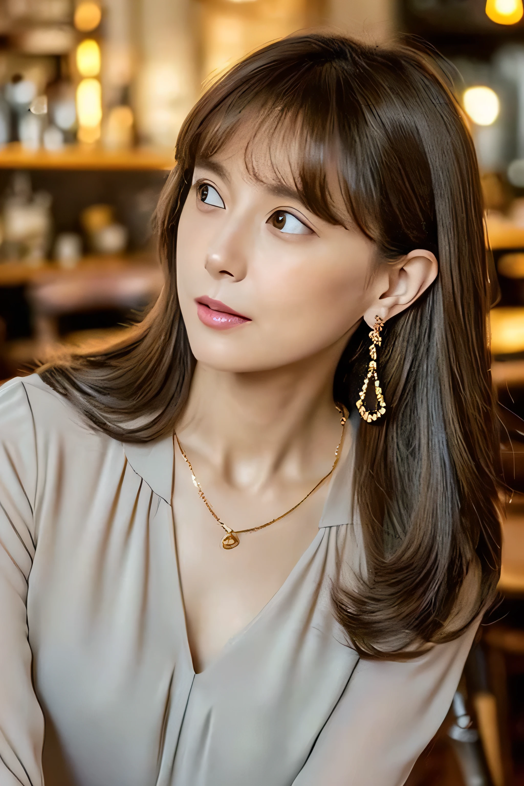  Lip Balm  、grey hair brown hair : 1.5、 long hair that grows to the waist、  Masterpiece  、  1 beautiful girl、  Details Eye 、  top quality, 超A  is high definition , (reality: 1.4),  movie lights、  beautiful skin  、slender、body facing forward、(  surreal)、(  is high definition )、(8k)、(  very detailed)、( Beautiful detailed eyes )、(  super detailed)、 ( wallpaper)、  detailed face  、 Viewers、  winters  、、30th generation、blouse、  asymmetric bangs 、Giggling、((Place your left hand gently on your chin:1.5)((gold necklace_Large earrings:1.2)),((Wearing an elegant blouse:1.5))((Sits on a bar chair In a crowded café at dusk:1.3))