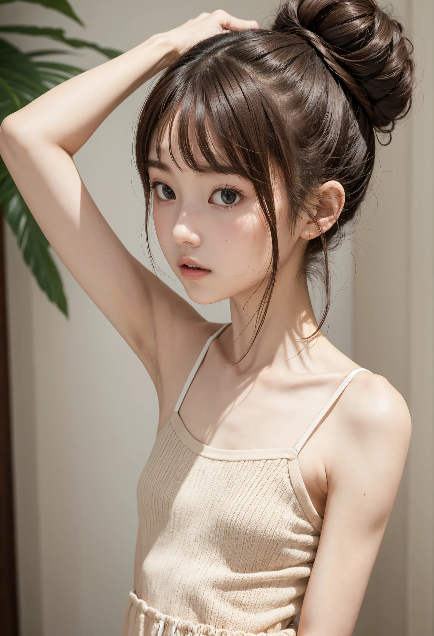  cute girl, bun hair , brown hair ,delicate,masterpiece,underarm,Thin arms, slender body 