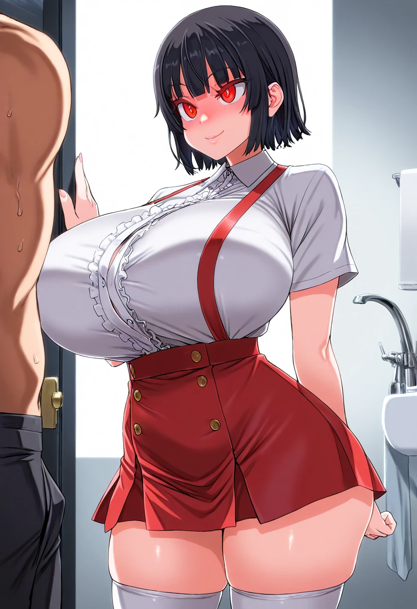 ((1 girl)), ((small height)), (dimly lit bathroom), black hair, short hair, straight bangs, red eyes, smile, white shirt, white Highsocks, red Suspender skirt, miniskirt, asanagi, ((huge breasts)), sexy body, good quality, (masterpiece), (no hair decoration), (no ribbon), ((dark lighting))