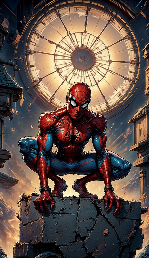 
"Spider-Man crouching on a weathered stone surface, wearing a classic red and blue suit with a prominent black spider emblem on the chest. The background features a large, glowing circular stained glass window, casting a dramatic golden light that creates a vibrant contrast with the suit. The setting blends urban and fantastical elements, emphasizing a dynamic and atmospheric scene."