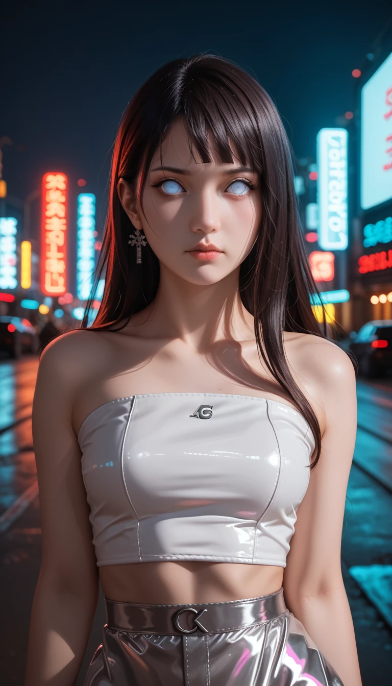        a detailed and beautiful portrait of a 16-year-old Japanese girl,     medium breasts, with healthy appearance , sexy expression,       tight clothes  , Bold poses ,       detailed embroidery      ,  belly out , Tube top, love league,       high quality, 8k,       photorealistic    ,       dramatic lighting    ,       vivid colors      ,(      masterpiece      ,        top quality      ,  :1.2),  (      cyberpunk urban scene illuminated by neon lights        ), (Alone:1.4), (     Elegant and cool   ),  (     Bright neon details       :1.3), (     serious expression      :1.1), (     Confident and relaxed poses         :1.3),  holographic for outdoor use    , (      dynamic lighting      ,   Strong contrast ), (  bare arms, Character: Hinata from Naruto, sexy clothes,  clothing by Hinata Naruto character  