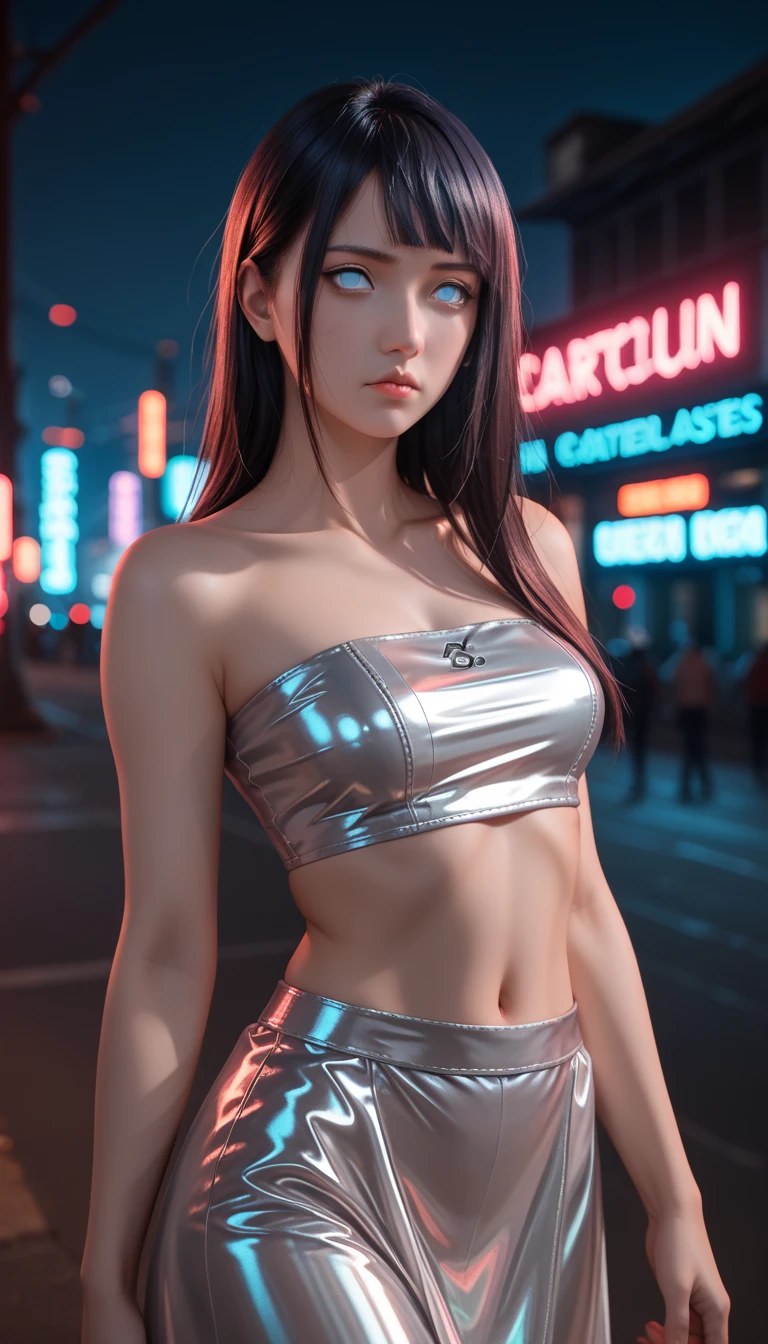        a detailed and beautiful portrait of a -yeld Jaese girl,     medium breasts, with healthy appearance , sexy expression,       tight clothes  , Bold poses ,       detailed embroidery      ,  belly out , Tube top, love league,       high quality, 8k,       photorealistic    ,       dramatic lighting    ,       vivid colors      ,(      masterpiece      ,        top quality      ,  :1.2),  (      cyberpunk urban scene illuminated by neon lights        ), (Alone:1.4), (     Elegant and cool   ),  (     Bright neon details       :1.3), (     serious expression      :1.1), (     Confident and relaxed poses         :1.3),  holographic for outdoor use    , (      dynamic lighting      ,   Strong contrast ), (  bare arms, Character: Hinata from Naruto, sexy clothes,  clothing by Hinata Naruto character  