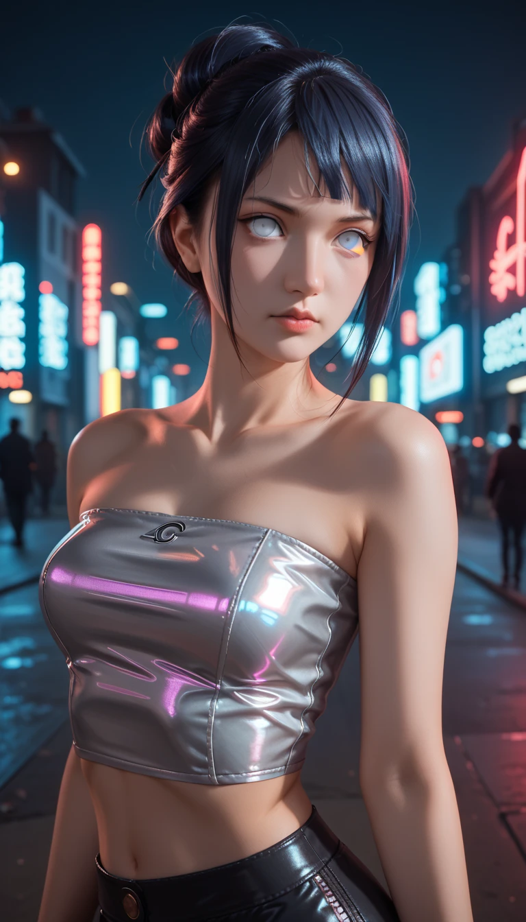        a detailed and beautiful portrait of a 16-year-old Japanese girl,     medium breasts, with healthy appearance , sexy expression,       tight clothes  , Bold poses ,       detailed embroidery      ,  belly out , Tube top, love league,       high quality, 8k,       photorealistic    ,       dramatic lighting    ,       vivid colors      ,(      masterpiece      ,        top quality      ,  :1.2),  (      cyberpunk urban scene illuminated by neon lights        ), (Alone:1.4), (     Elegant and cool   ),  (     Bright neon details       :1.3), (     serious expression      :1.1), (     Confident and relaxed poses         :1.3),  holographic for outdoor use    , (      dynamic lighting      ,   Strong contrast ), (  bare arms, Character: Hinata from Naruto, sexy clothes,  clothing by Hinata Naruto character  