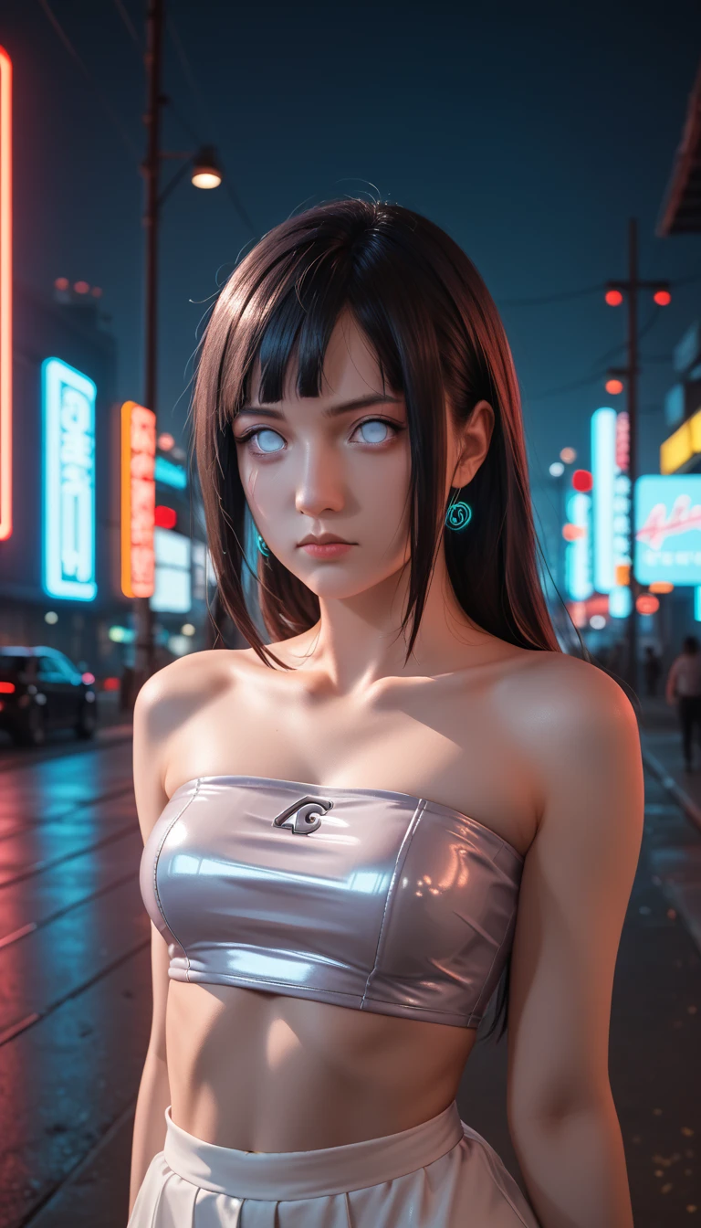        a detailed and beautiful portrait of a 16-year-old Japanese girl,     medium breasts, with healthy appearance , sexy expression,       tight clothes  , Bold poses ,       detailed embroidery      ,  belly out , Tube top, love league,       high quality, 8k,       photorealistic    ,       dramatic lighting    ,       vivid colors      ,(      masterpiece      ,        top quality      ,  :1.2),  (      cyberpunk urban scene illuminated by neon lights        ), (Alone:1.4), (     Elegant and cool   ),  (     Bright neon details       :1.3), (     serious expression      :1.1), (     Confident and relaxed poses         :1.3),  holographic for outdoor use    , (      dynamic lighting      ,   Strong contrast ), (  bare arms, Character: Hinata from Naruto, sexy clothes,  clothing by Hinata Naruto character  