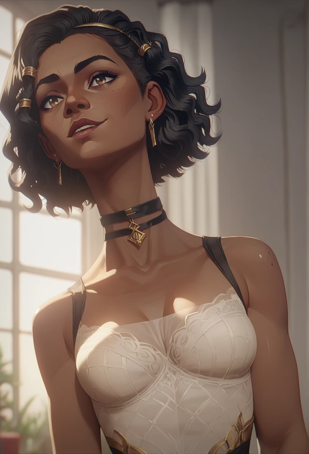 one girl, solo, upper body, white hair, dark brown eyes, shaved haircut, choker, nsfw, white skin, open breasts, nude, without clothes, deep shadow, masterpiece, highly detailed, look at viewer, expressing joy, black background, smile, sitting on red chair, hands on armrests, legs on chair, camera from above, bandages on hands, flat chest, very small breasts
