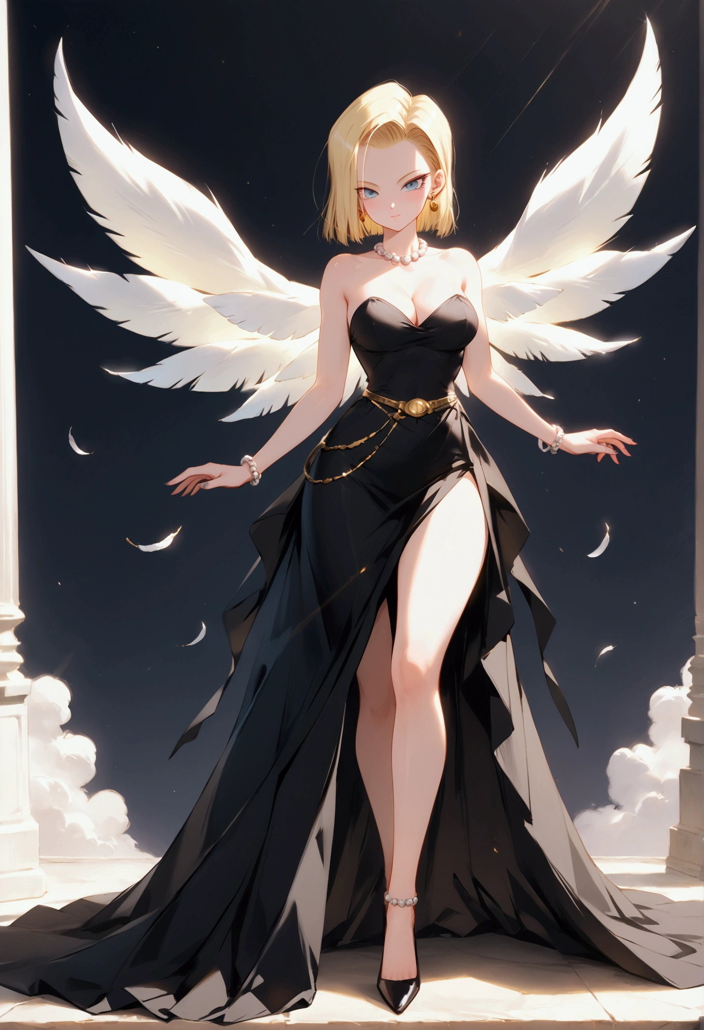 Full-body view of an enraged Android 18 from Dragonball Z, adorned in a stunning celestial dress embellished with numerous feathers and surrounded a dark aura, huge magical feather wings, beautiful powerful pose, sexy make-up, seductive look