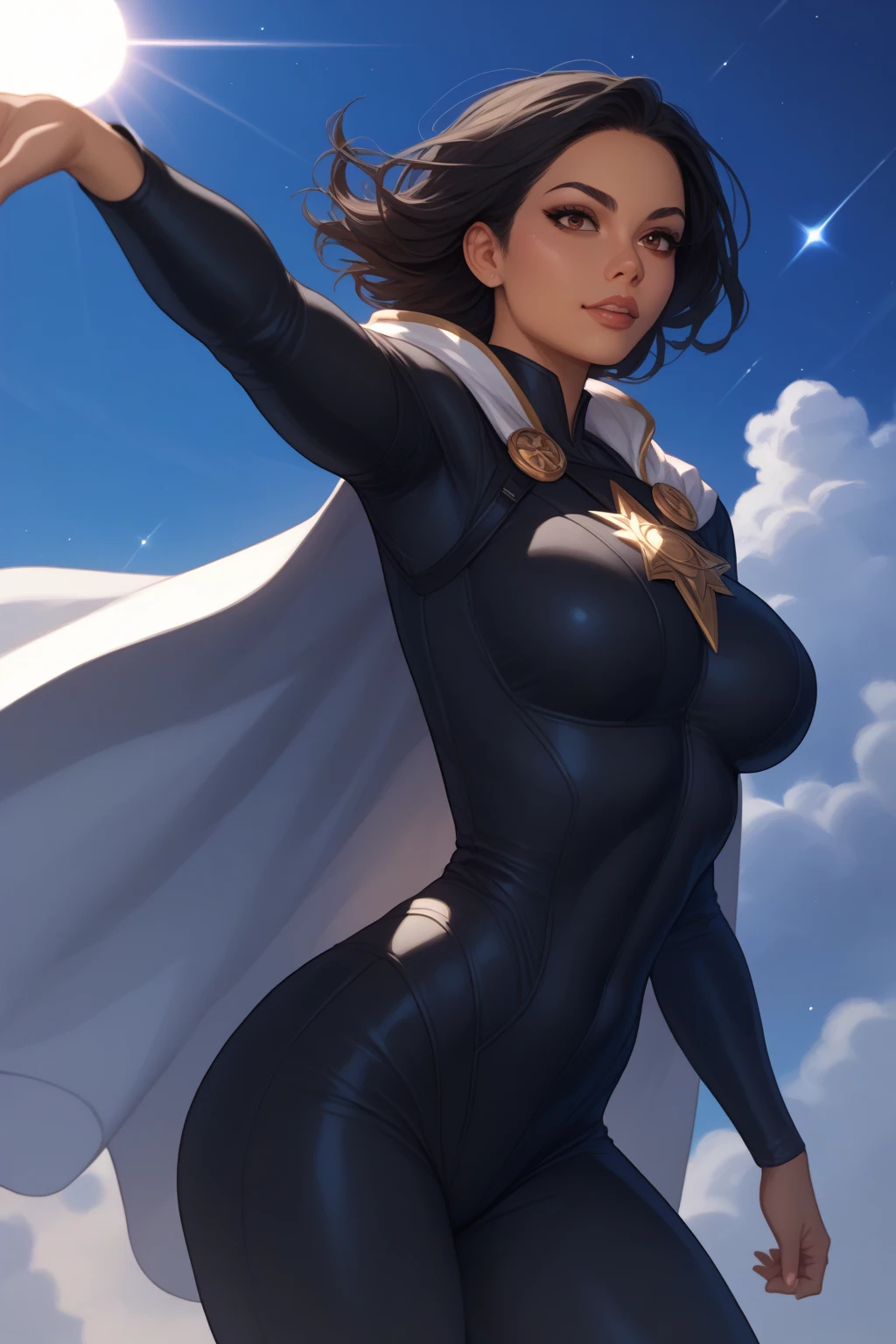 Latina with light brown skin, long black hair, black jumpsuit black sun symbol, galaxy flying black cape