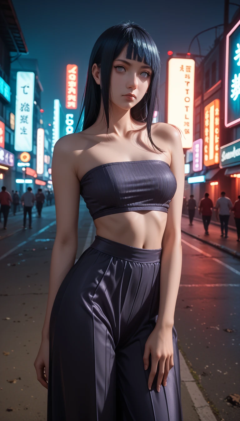         a detailed and beautiful portrait of a 16-year-old Japanese girl,      medium breasts, with healthy appearance , sexy expression,        tight clothing  , Bold poses ,        detailed embroidery       ,  belly out , Tube top, love league,        high quality, 8k,        photorealistic     ,        dramatic lighting    ,        vivid colors       ,(       masterpiece       ,         top quality       ,  :1.2),  (       cyberpunk urban scene illuminated by neon lights         ), (Alone:1.4), (      Elegant and cool    ),  (      Bright neon details        :1.3), (      serious expression       :1.1), (      Confident and relaxed poses          :1.3),  holographic for outdoor use     , (       dynamic lighting       ,   Strong contrast ), (  bare arms,  damaged : Hinata of Naruto, sexy clothes,   clothing of the character Hinata Naruto ,  full body 