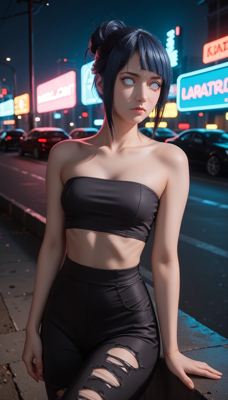         a detailed and beautiful portrait of a 16-year-old Japanese girl,      medium breasts, with healthy appearance , sexy expression,        tight clothing  , Bold poses ,        detailed embroidery       ,  belly out , Tube top, love league,        high quality, 8k,        photorealistic     ,        dramatic lighting    ,        vivid colors       ,(       masterpiece       ,         top quality       ,  :1.2),  (       cyberpunk urban scene illuminated by neon lights         ), (Alone:1.4), (      Elegant and cool    ),  (      Bright neon details        :1.3), (      serious expression       :1.1), (      Confident and relaxed poses          :1.3),  holographic for outdoor use     , (       dynamic lighting       ,   Strong contrast ), (  bare arms,  damaged : Hinata of Naruto, sexy clothes,   clothing of the character Hinata Naruto ,  full body 