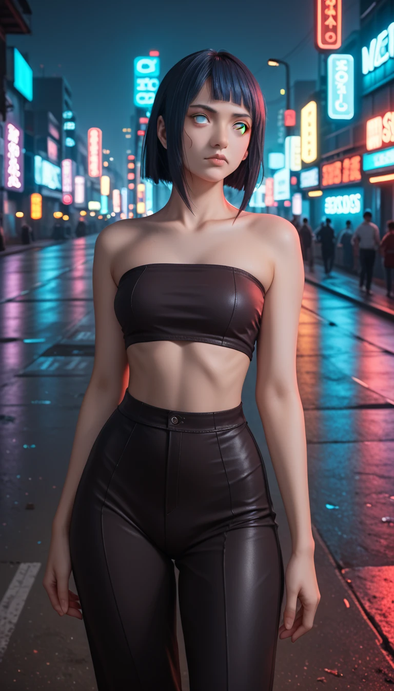         a detailed and beautiful portrait of a 16-year-old Japanese girl,      medium breasts, with healthy appearance , sexy expression,        tight clothing  , Bold poses ,        detailed embroidery       ,  belly out , Tube top, love league,        high quality, 8k,        photorealistic     ,        dramatic lighting    ,        vivid colors       ,(       masterpiece       ,         top quality       ,  :1.2),  (       cyberpunk urban scene illuminated by neon lights         ), (Alone:1.4), (      Elegant and cool    ),  (      Bright neon details        :1.3), (      serious expression       :1.1), (      Confident and relaxed poses          :1.3),  holographic for outdoor use     , (       dynamic lighting       ,   Strong contrast ), (  bare arms,  damaged : Hinata of Naruto, sexy clothes,   clothing of the character Hinata Naruto ,  full body 