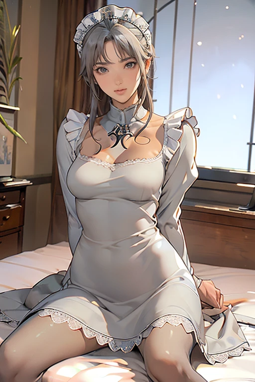 top-quality、Full limbs、complete fingers、(1 beautiful slender woman:1.5),(ideal ratio body proportions:1.5), beautiful detailed face, perfect feminine face,Small and beautiful eyes,Droopy eyes, gray eyes,sweat、Slender beauty、straight haired、silver hair、(german maid uniform:1.8 )、(coverd nipples:0.5)、(very skinny beauty:1.5)、cleavage、 White pantyhose、used condom、vulgarity、spoken heart、(tan:1.5)、(show off armpit:-0.0), (sitting on the husband's bed:1.8),(1 husband:1.5),