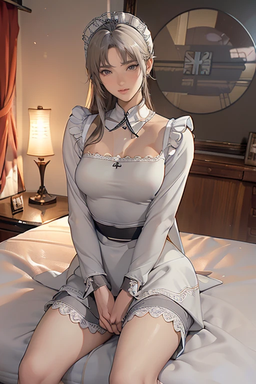 top-quality、Full limbs、complete fingers、(1 beautiful slender woman:1.5),(ideal ratio body proportions:1.5), beautiful detailed face, perfect feminine face,Small and beautiful eyes,Droopy eyes, gray eyes,sweat、Slender beauty、straight haired、silver hair、(german maid uniform:1.8 )、(coverd nipples:0.5)、(very skinny beauty:1.5)、cleavage、 White pantyhose、used condom、vulgarity、spoken heart、(tan:1.5)、(show off armpit:-0.0), (sitting on the husband's bed:1.8),(1 husband:1.5),