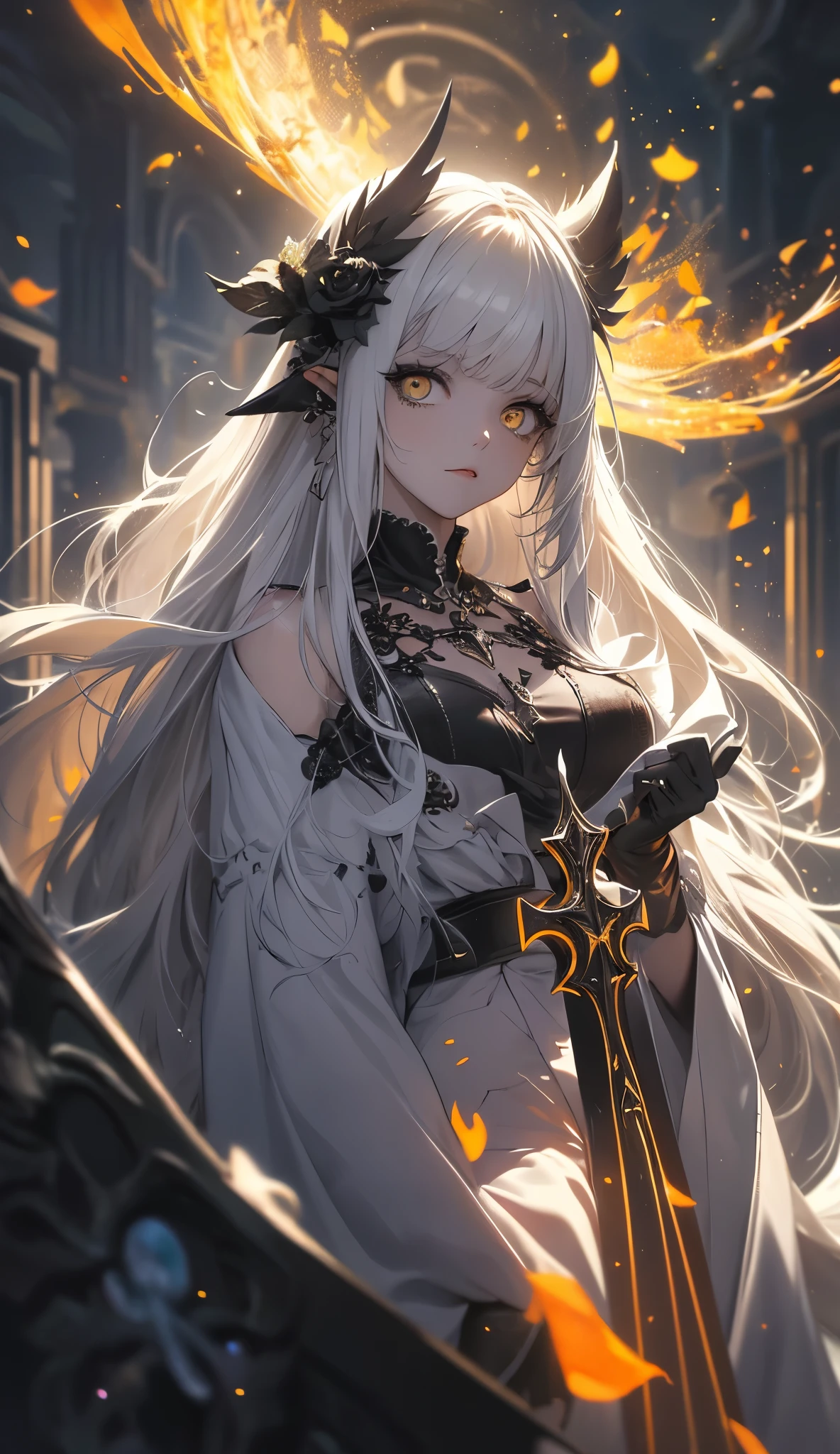 1girl, yelow eyes, white long hair, (((female necromancer))),  a necromancer gilr, vestes de necromancer, vestes de fumaça, gothic necromancer, superioridade, olhar frisado de despreso, decote, background escuro, full body, masterpiece, best quality, Necromancer gilr, corpo inteiro