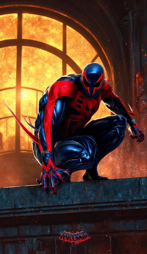 
"Spider-Man crouching on a weathered stone surface, wearing a classic red and blue suit with a prominent black spider emblem on the chest. The background features a large, glowing circular stained glass window, casting a dramatic golden light that creates a vibrant contrast with the suit. The setting blends urban and fantastical elements, emphasizing a dynamic and atmospheric scene."