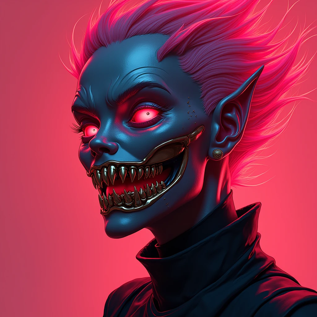 Portrait 1:1: Expressive Digital Drawing. Absolute ISO Resolution. Zoom In On A Perfect Anatomy wearing black metalic half ornament evil mask. On Immaculate Decorative Golden Grillz On Fangs Anatomy Sharpened Canines White Silver. FuchSia Iris Injected Deep Pupil. Dramatic Colourful Hair Fluorescence. Radiating Chromatic Red Vibration. ELYXIA.