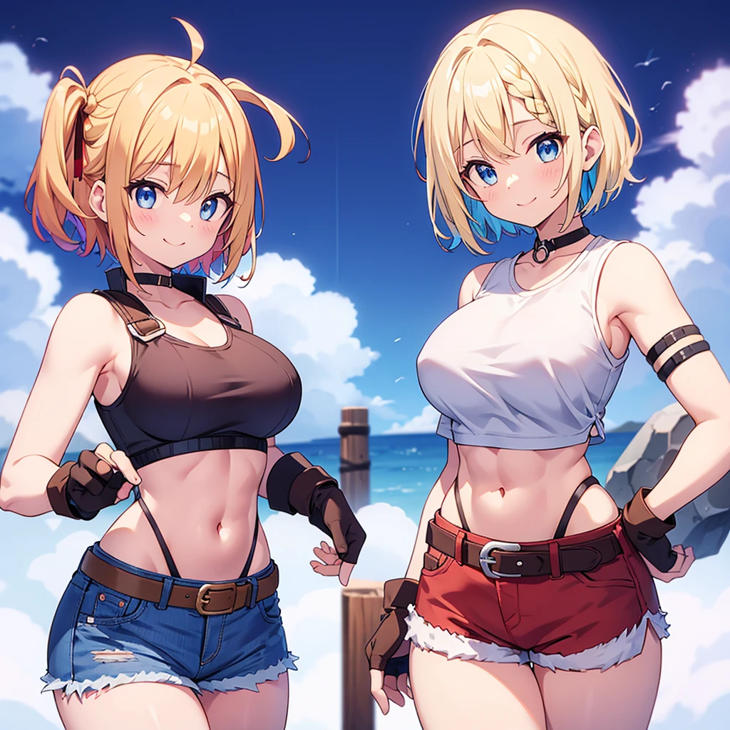 (cowboy shot: 1.2), (android_18, i18(dragon ball Z), (finely detailed beautiful eyes and detailed face), (face over hip: 1.4), (Knee strike: 1.2), blonde hair, One, Lady, (beautiful background), :), dynamic angle, Blue eyes, fair face, Sun Ray, (bright face: 1.2), very wide hips, very thick thighs, full body shot, One, blonde hair,  Blue eyes, short hair, earrings, jewelry, Denim dress, open vest, (black shirt), denim skirt, (Long striped sleeves), Blue skirt, brown cowboy boots