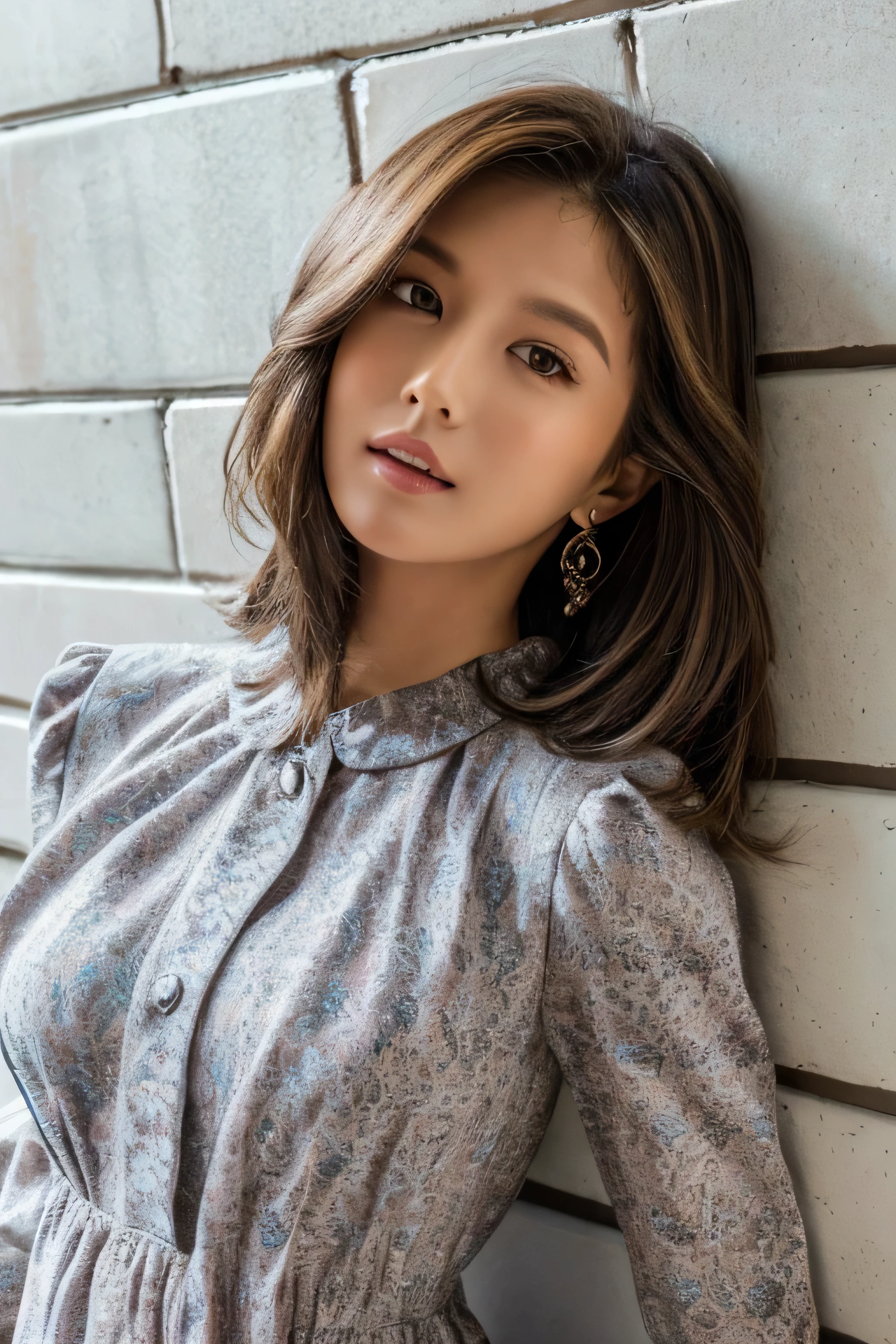  Lip Balm  、grey hair brown hair : 1.5、 long hair that grows to the waist、  Masterpiece  、  1 beautiful girl、  Details Eye 、  top quality, 超A  is high definition , (reality: 1.4),  movie lights、  beautiful skin  、slender、body facing forward、(  surreal)、(  is high definition )、(8k)、(  very detailed)、( Beautiful detailed eyes )、(  super detailed)、 ( wallpaper)、  detailed face  、 Viewers、((wearing intricately patterned shirt mini dress))((Leaning against the wall:1.4))