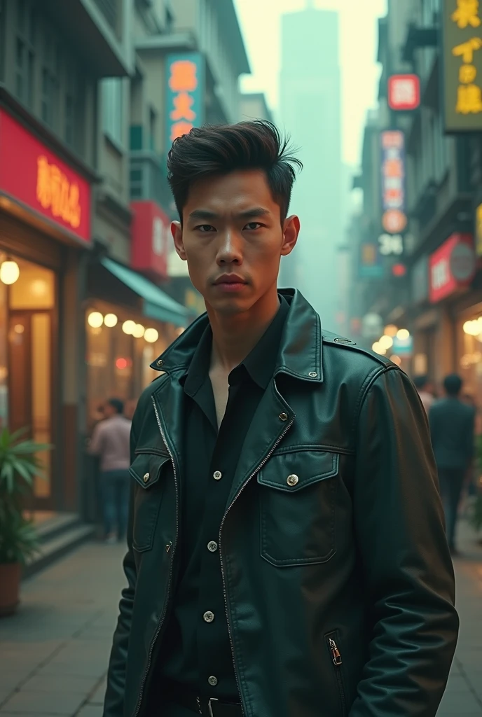 Asian men in their 20s sitting at a bus stop wearing black leather pants Not wearing a shirt top looking at me