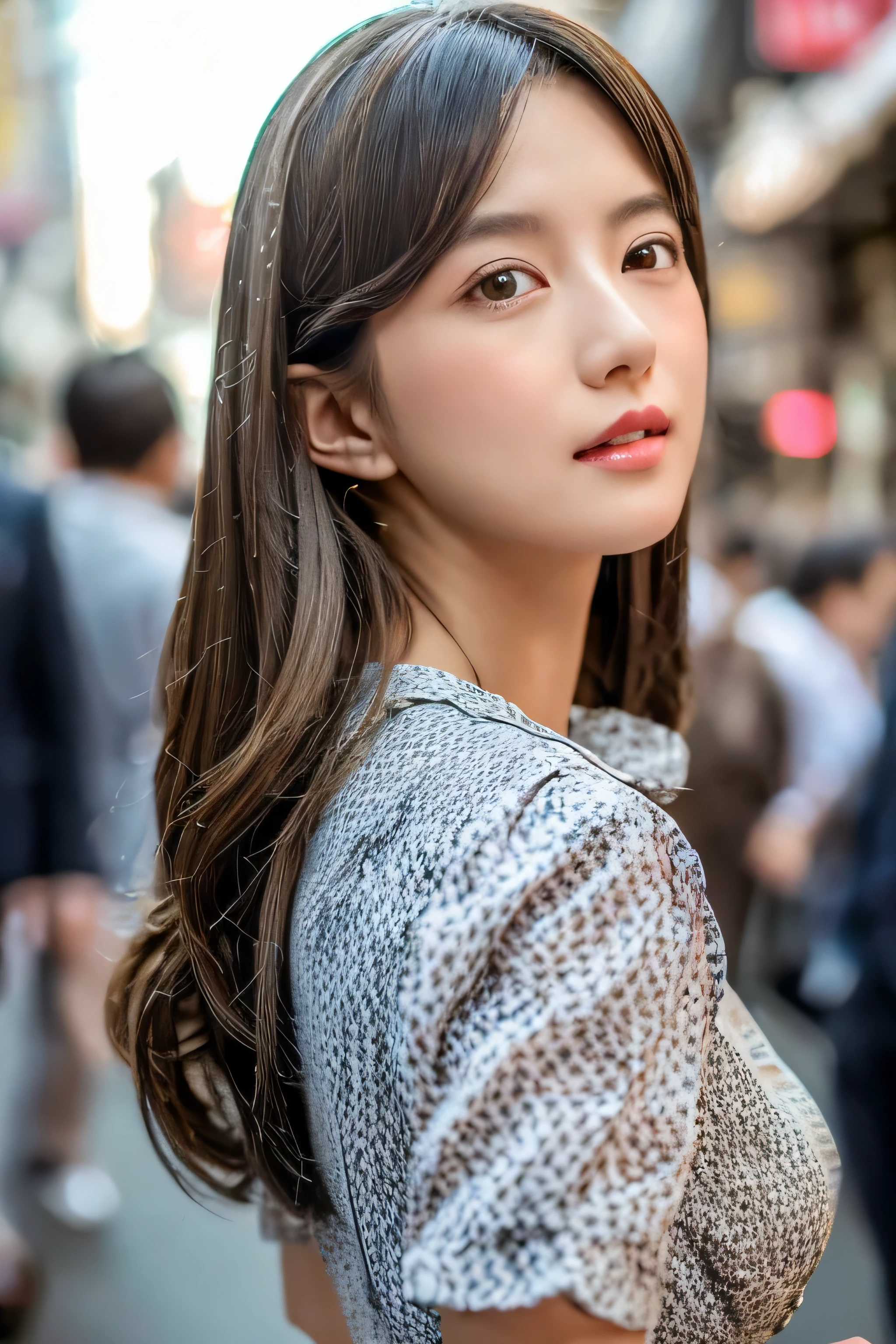 Lip Balm 、grey hair brown hair : 1.5、 long hair that grows to the waist、 Masterpiece 、 1 beautiful girl、 Details Eye 、 top quality, 超A is high definition , (reality: 1.4), movie lights、 beautiful skin 、slender、body facing forward、( surreal)、( is high definition )、(8k)、( very detailed)、( Beautiful detailed eyes )、( super detailed)、 ( wallpaper)、 detailed face 、 Viewers、((wearing intricately patterned shirt mini dress))((In the hustle and bustle of town:1.4))