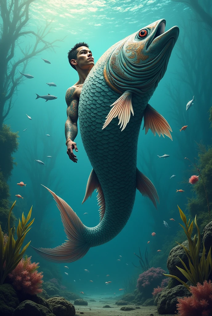(photorealism:1.2), Man, sitting on the sea creature, wearing a tight outfit, tight pants, blonde hair, dark lighting, deep in the ocean, nigh, realistic, intricate details, cold colors, outdoors.
